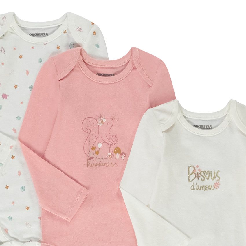 Lot de 7 bodies manches longues forêt pour bébé fille avec ouvertures différentes selon l'âge - Ecru