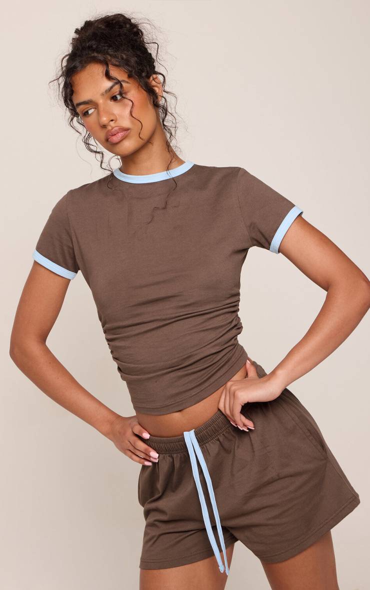 Chocolat Haut À Manches Courtes En Coton Avec Détails Contrastés