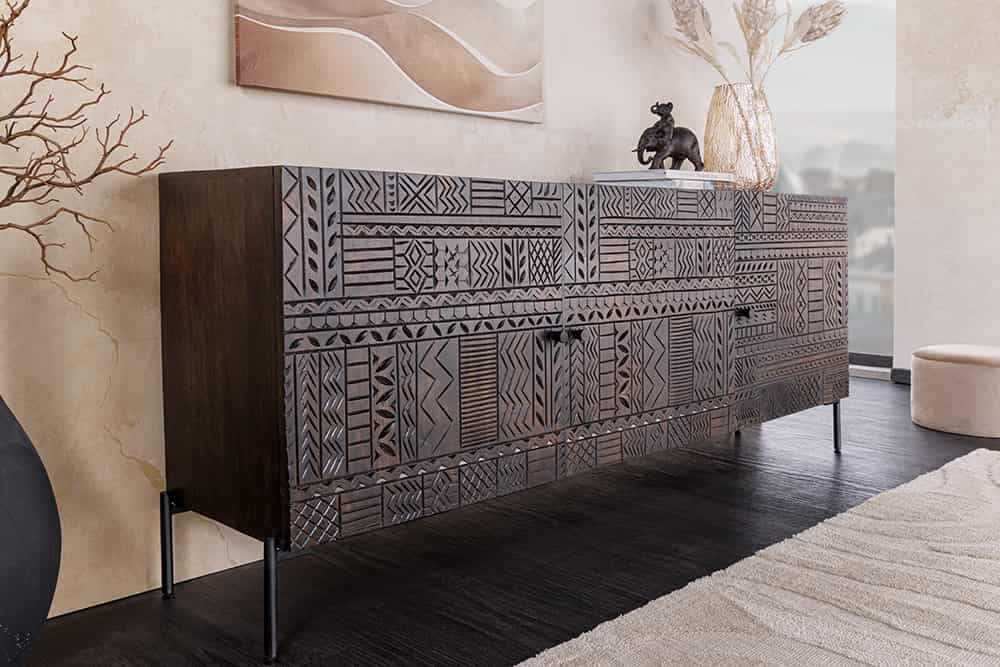 Massives Sideboard TRIBAL 180cm antik braun Mangoholz 3D-Front viel Stauraum
