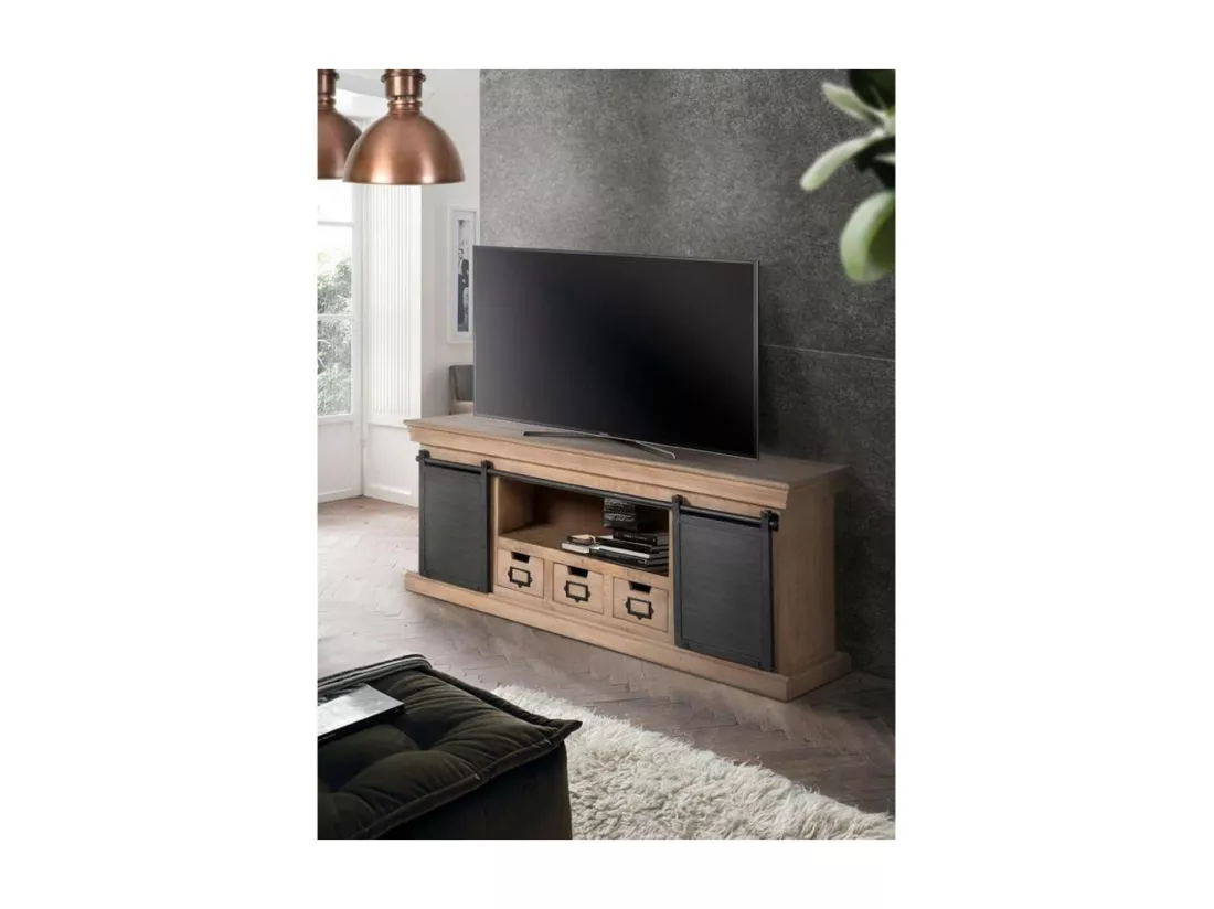 Meuble TV en manguier et pieds en métal naturel et gris Multicolor.Giner y Colomer.55x40x150