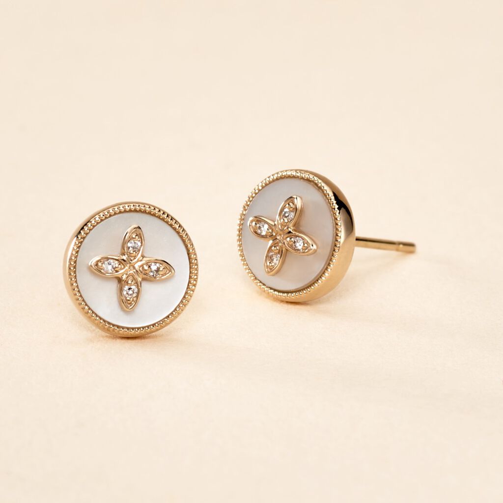 Boucles D'oreilles Puces Talisman Or Jaune Nacre Diamant