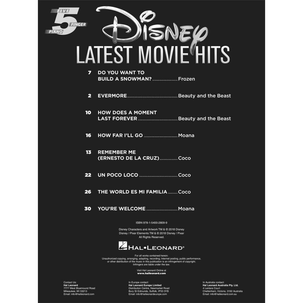 Hal Leonard Disney Latest Movie Hits Five-Finger Piano