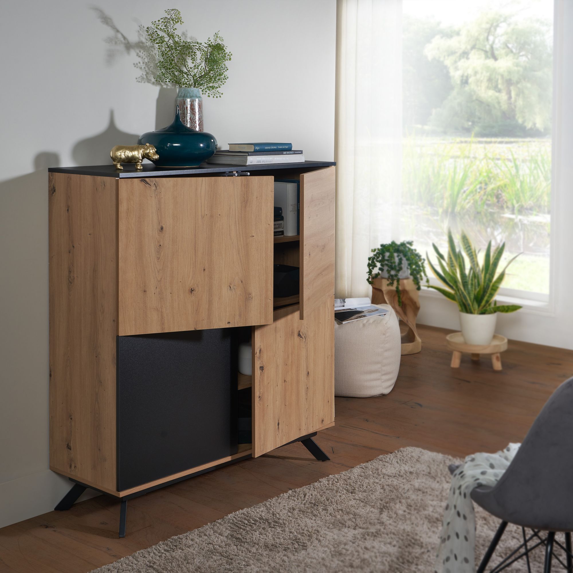 Highboard FineBuy Sideboard 110x125x40cm MDF Eiche Dekor Kommode Anrichte Modern