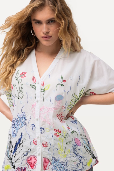 Bluse, Stickerei, Oversized, V-Ausschnitt, Halbarm