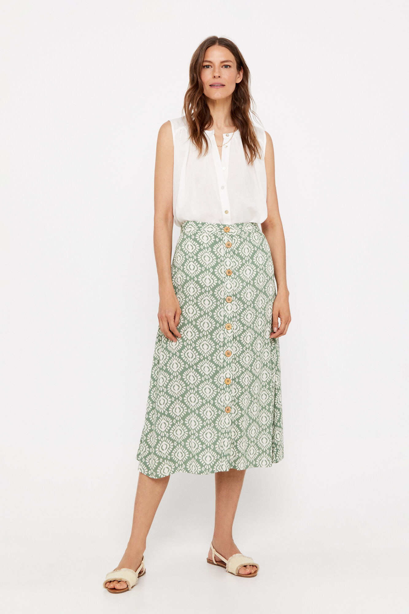 Saia midi estampada com botões centrais - Verde
