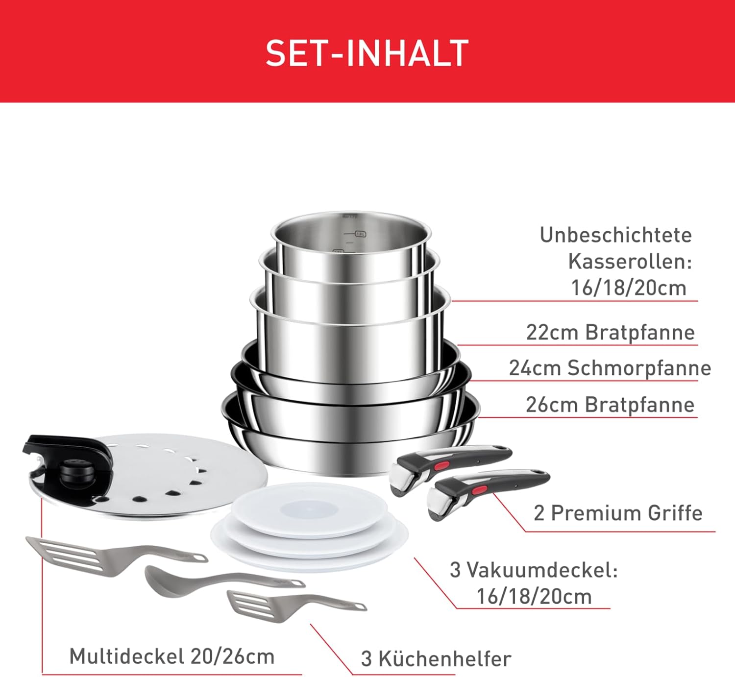 Tefal Ingenio Preference On 15-teiliges Topf und Pfannenset abnehmbarer Griff, stapelbar, platzsparend, Topfset Induktion mit Antihaftversiegelung, einfache Handhabung und Reinigung, L97495