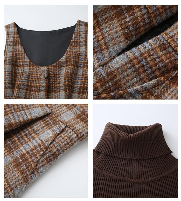 sansweet - Lange mouwen, mockneck, effen top / geruite midi-jurk