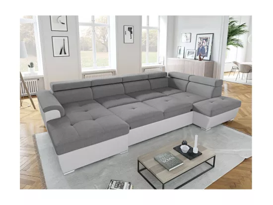 Canapé panoramique convertible avec 2 coffres Paola en tissu et simili - Blanc/Gris - L320,5 x P188 x H76cm - Loungitude