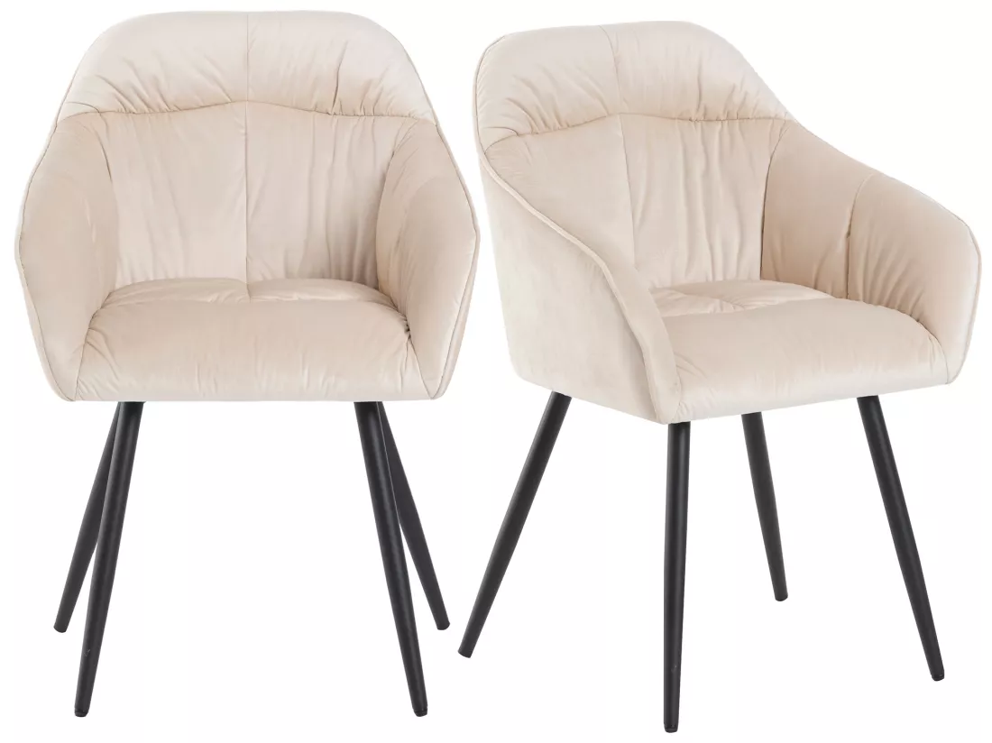 Lot de 4 Chaises en velours avec accoudoirs - pieds réglables - Beige