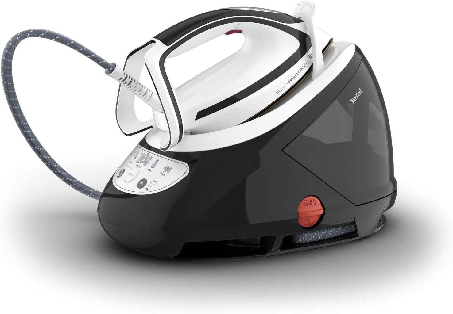 Tefal Pro Express Ultimate Dampfbügelstation, starker 8-Bar-Druck, Dampfstoß: 520 g/Min., 1,9 L Wassertank, Antikalk-Kollektor, Anti-Tropf-System, Bügeleisen Dampfstation, schwarz/weiß, GV9550