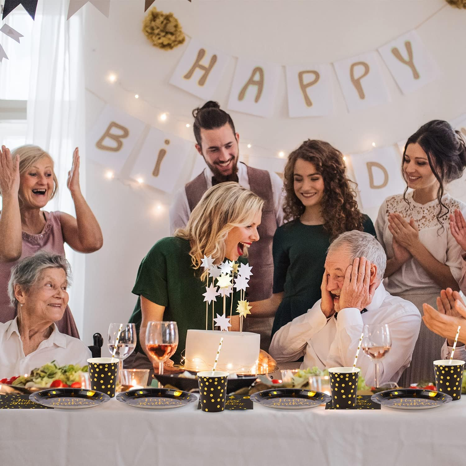 (100-tlg. Set) Happy Birthday Einweg Geschirr Geburtstags Party Tisch Deko inkl. Teller / Strohhalm / Servietten / Papp Becher - Schwarz / Gold