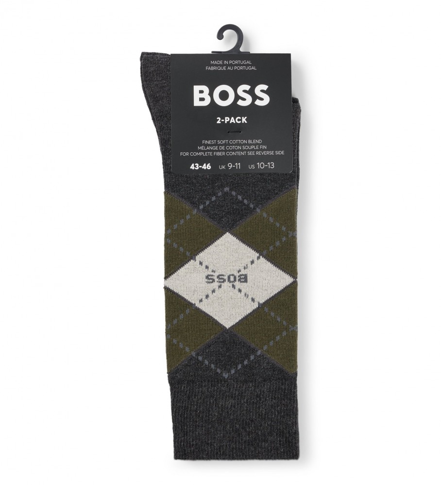 Pacote com 2 pares de meias BOSS com estampa de losangos, cinza.