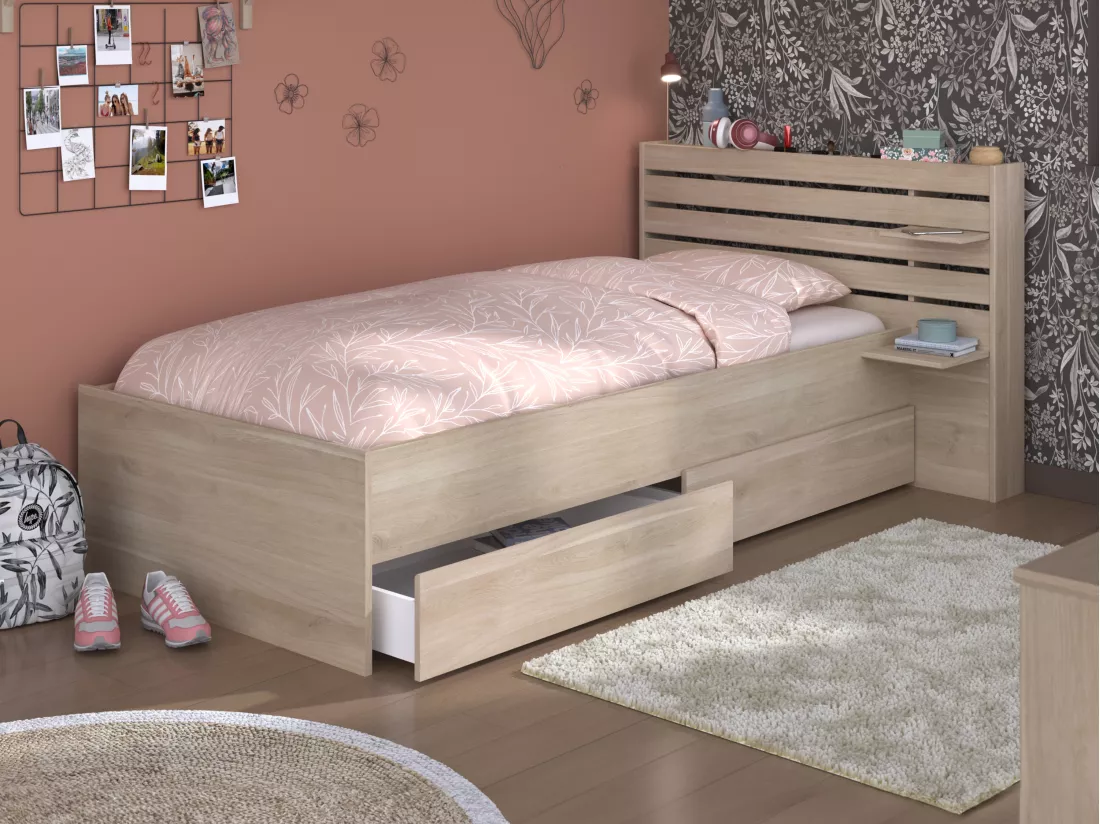 Lit 90 x 190/200 cm avec rangements - Coloris : Naturel + Sommier - TENALIA