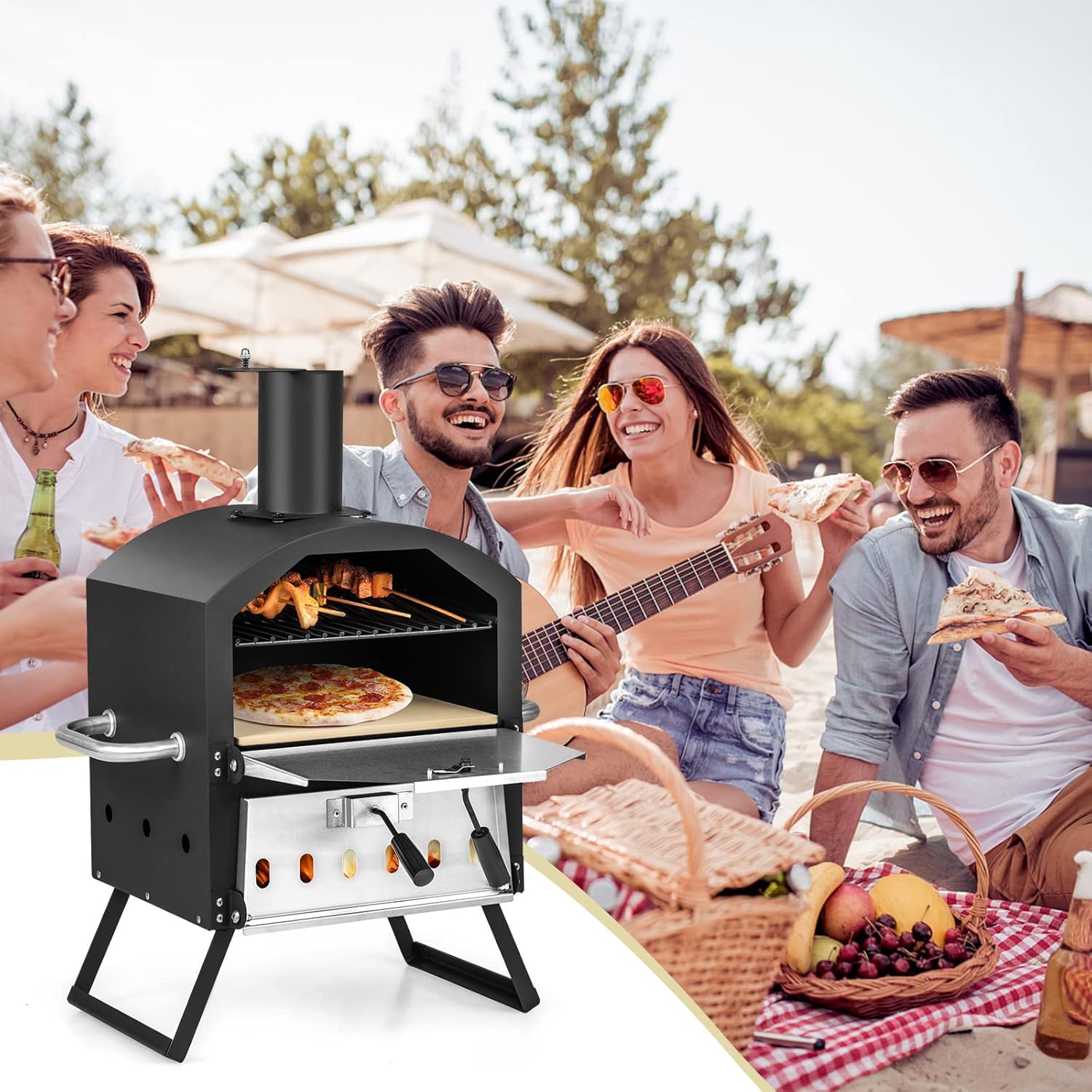 GYMAX Four à Pizza Extérieur Mini, Fours à Pizza au Bois avec Pierre à Pizza, Pelle à Pizza, Jambes Pliantes et Poignées Portables, Ventilateurs Ajustables, Couvercle Imperméable