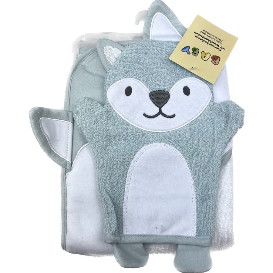 Hütte Geschenkset Kapuzenbadetuch mit Waschhandschuh Fuchs mint
