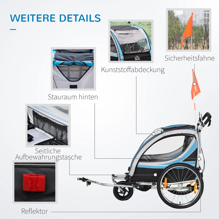 HOMCOM Kinderfahrradanhänger mit Aufbewahrungstasche blau, grau, schwarz, silber