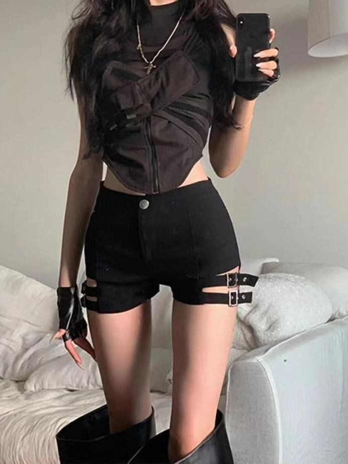 Coline - Hoge taille, gespvormige, gewassen denim hotpants