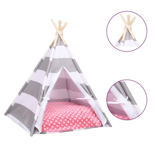 Tenda de descanso listrada para gatos em branco, cinza e rosa.