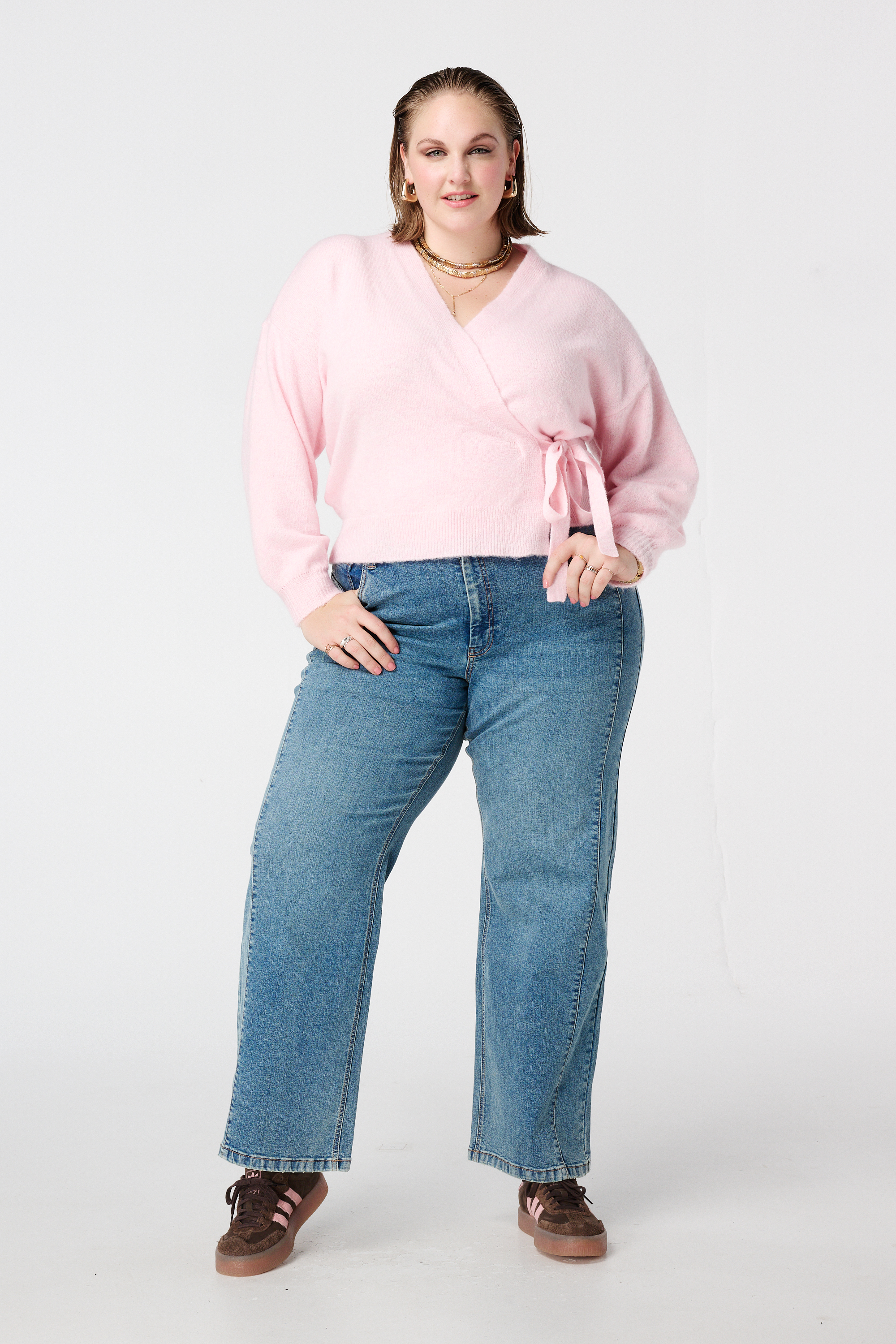 Overslag vest met strikceintuur Licht pink