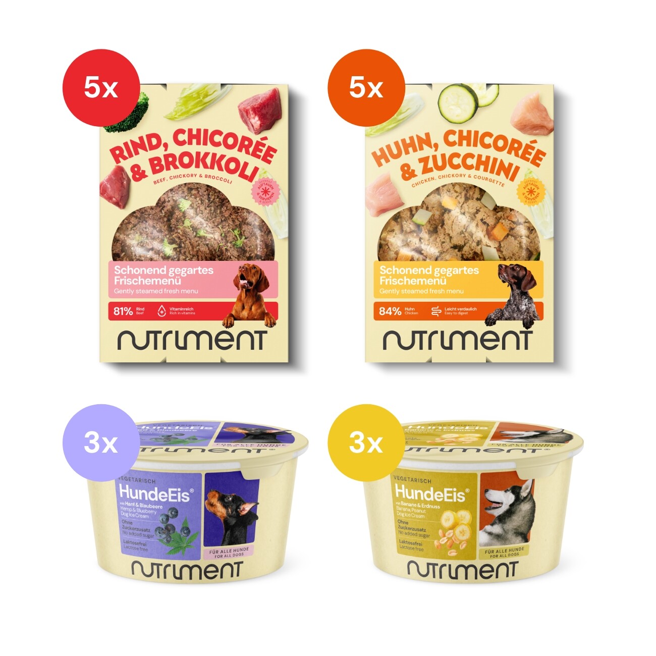 Nutriment Frischemenü Rind & Huhn 10x400g mit Hundeeis 6x90ml