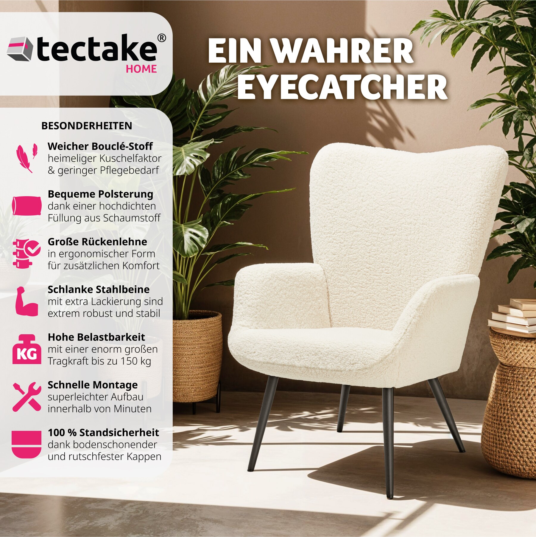 tectake® Sessel, gepolstert, runde Stahlbeine, 72 x 76 x 100,5 cm