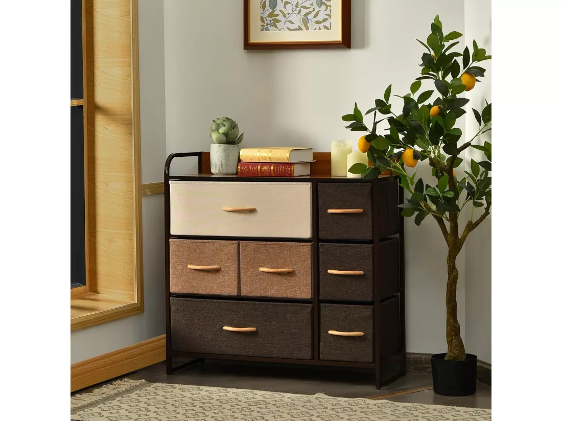 Commode à 7 Tiroirs en Tissu, Poignée en Bois et Cadre en Acier, Meuble de Rangement 80 x 29 x 79 cm (L x l x H ) Structure en Acier Robuste, Kit Anti-basculement Inclus