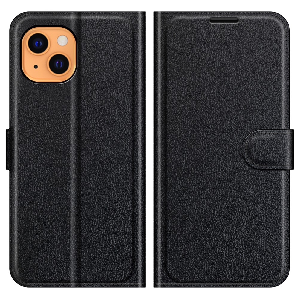 iPhone 13 Leder Tasche Flip Cover Litchi Look - Schwarz