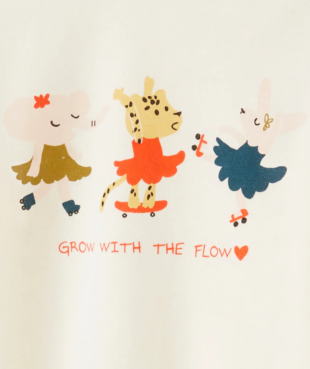 T-SHIRT BÉBÉ FILLE EN COTON BIO ÉCRU MOTIFS ANIMAUX DANSANTS