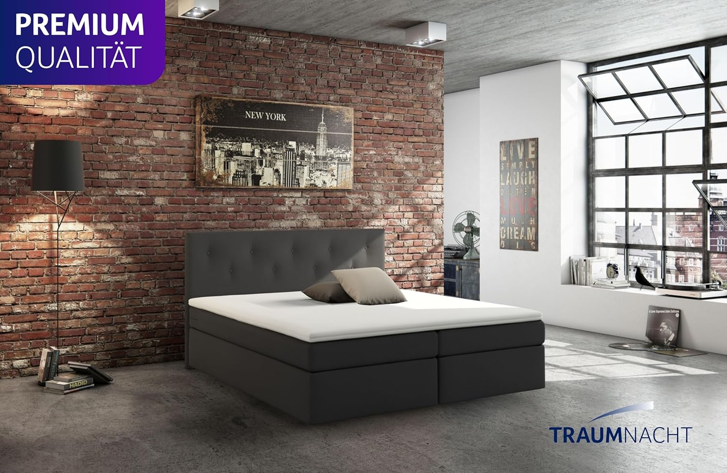 Traumnacht Boxspringbett, mit 7-Zonen Tonnentaschenfederkernmatratzen (H2) und Komfortschaumtopper, leichter Aufbau, produziert nach deutschem Qualitätsstandard, 180 x 200 cm in grau