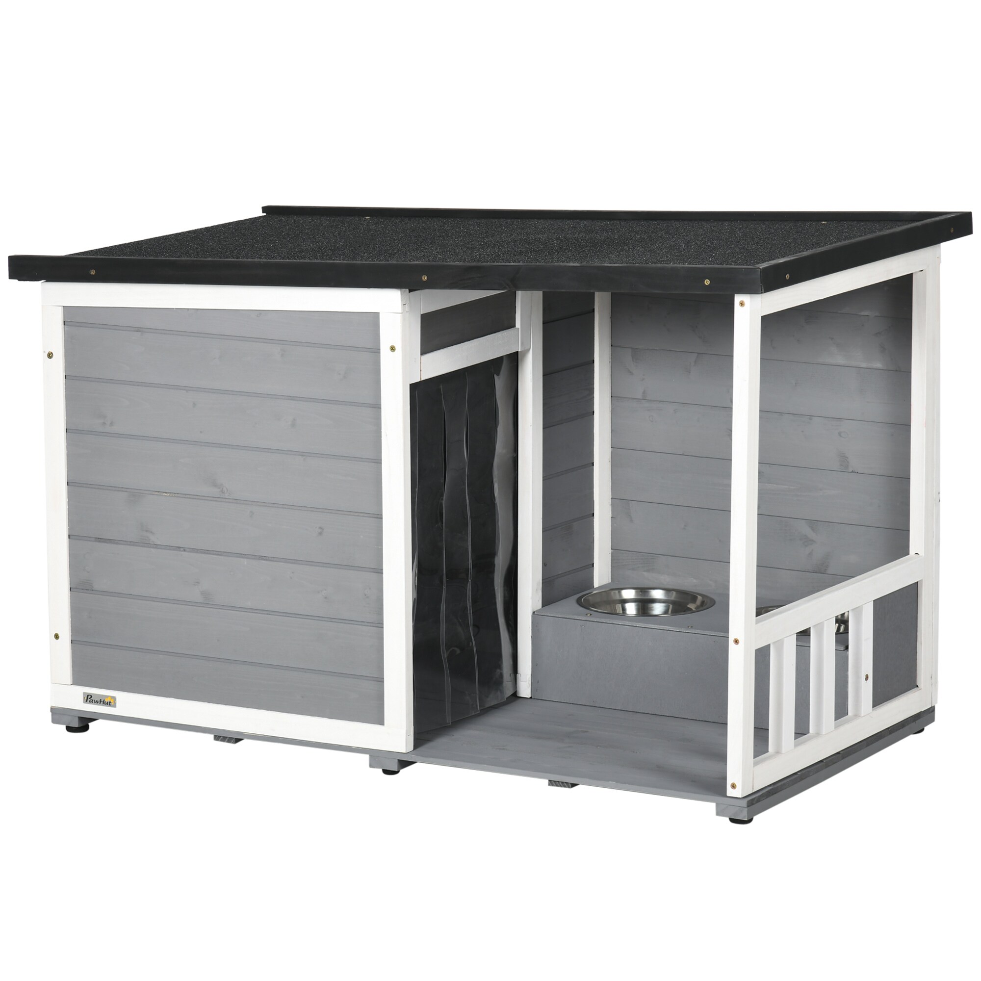 PawHut Hundehütte mit Fressnäpfen grau, weiß 103L x 62B x 66H cm