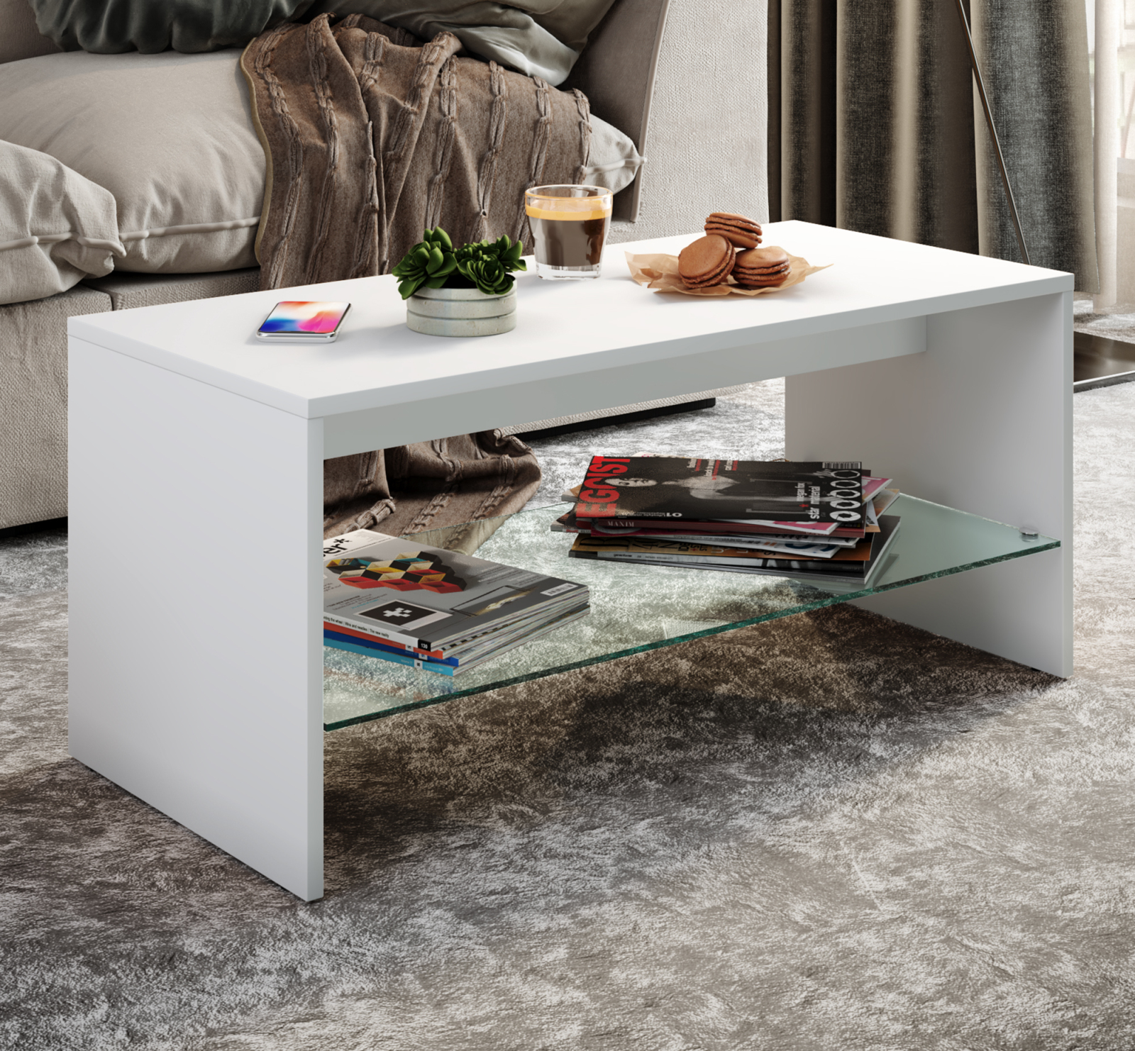 Couchtisch WISAL - weiß - Glasablage - 90 cm