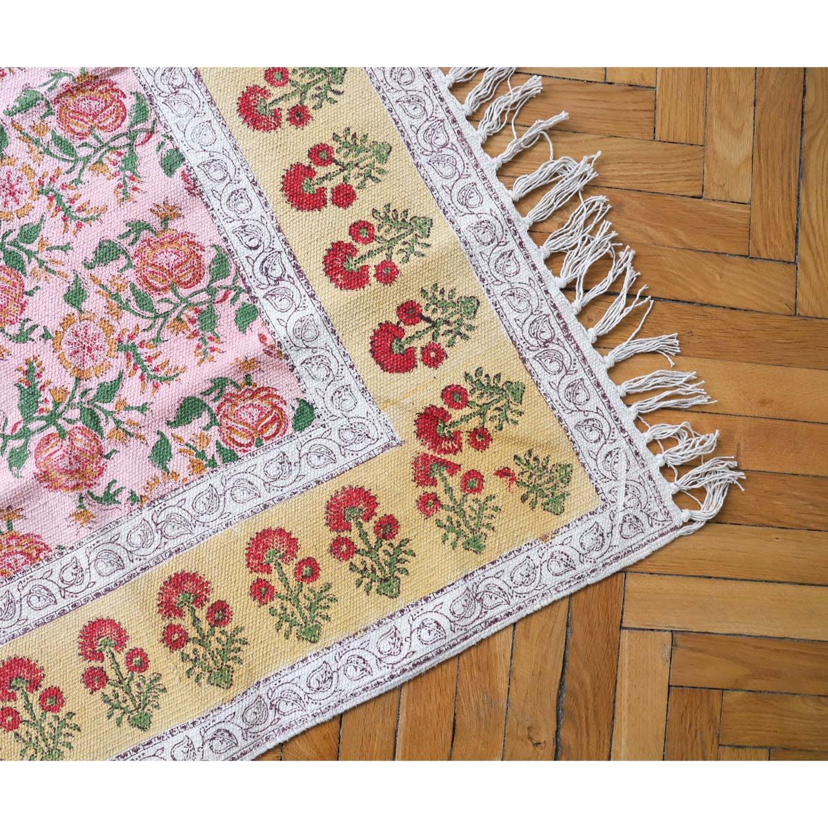 Tapis block print rose et moutarde 120x180 Pondie Chérie