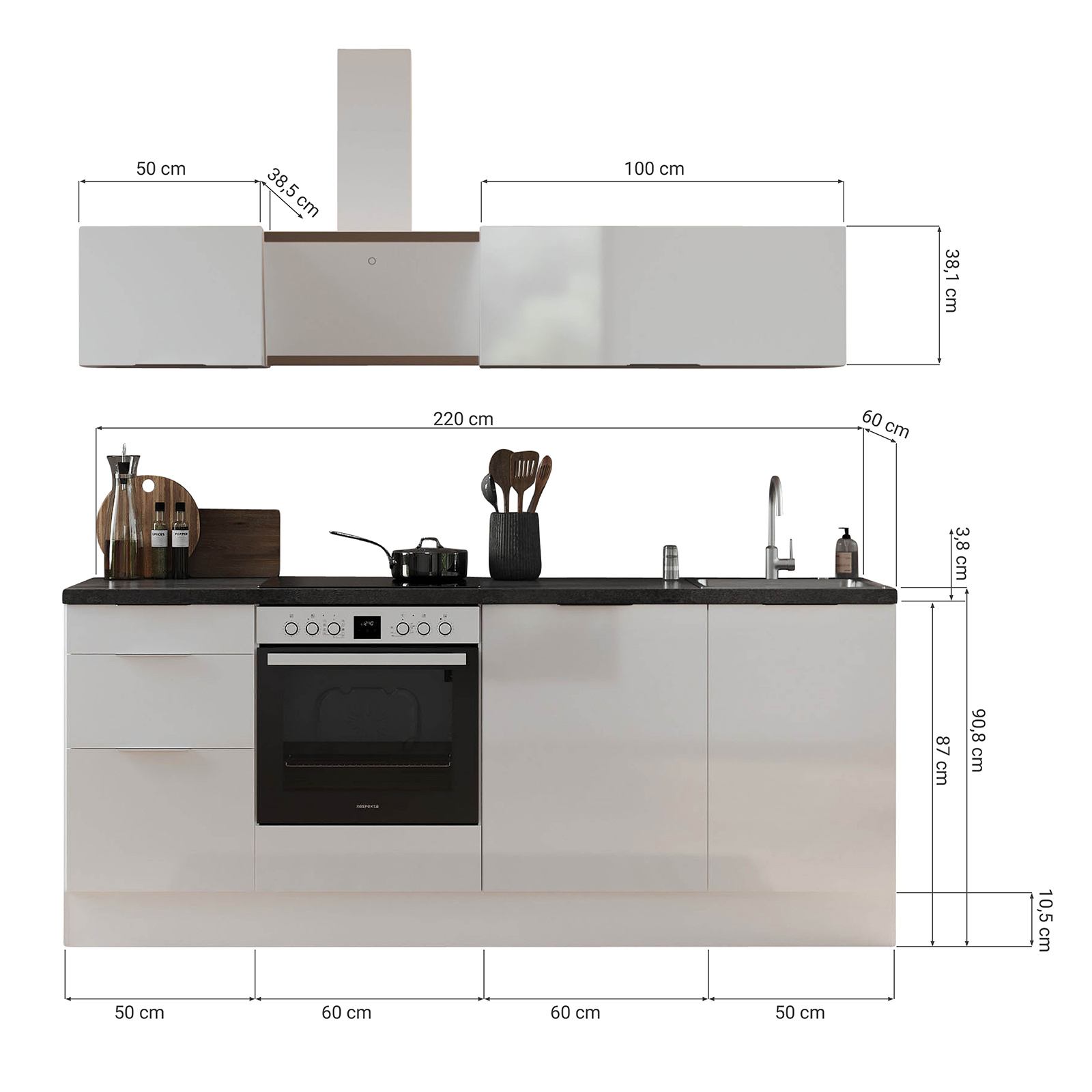 RESPEKTA Küchenblock - grau matt - mit E-Geräten - 220 cm