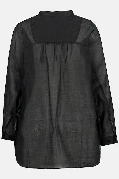 Rami-Bluse, Leinenoptik, Stehkragen, Plastron, Langarm