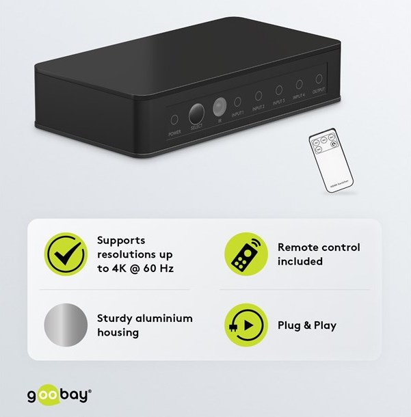 4-fach HDMI 2.0 4K Adapter Splitter Switch Audio Video Konverter Umschaltbox 4 x Input / 1 x Output mit Fernbedienung (58489) - Schwarz