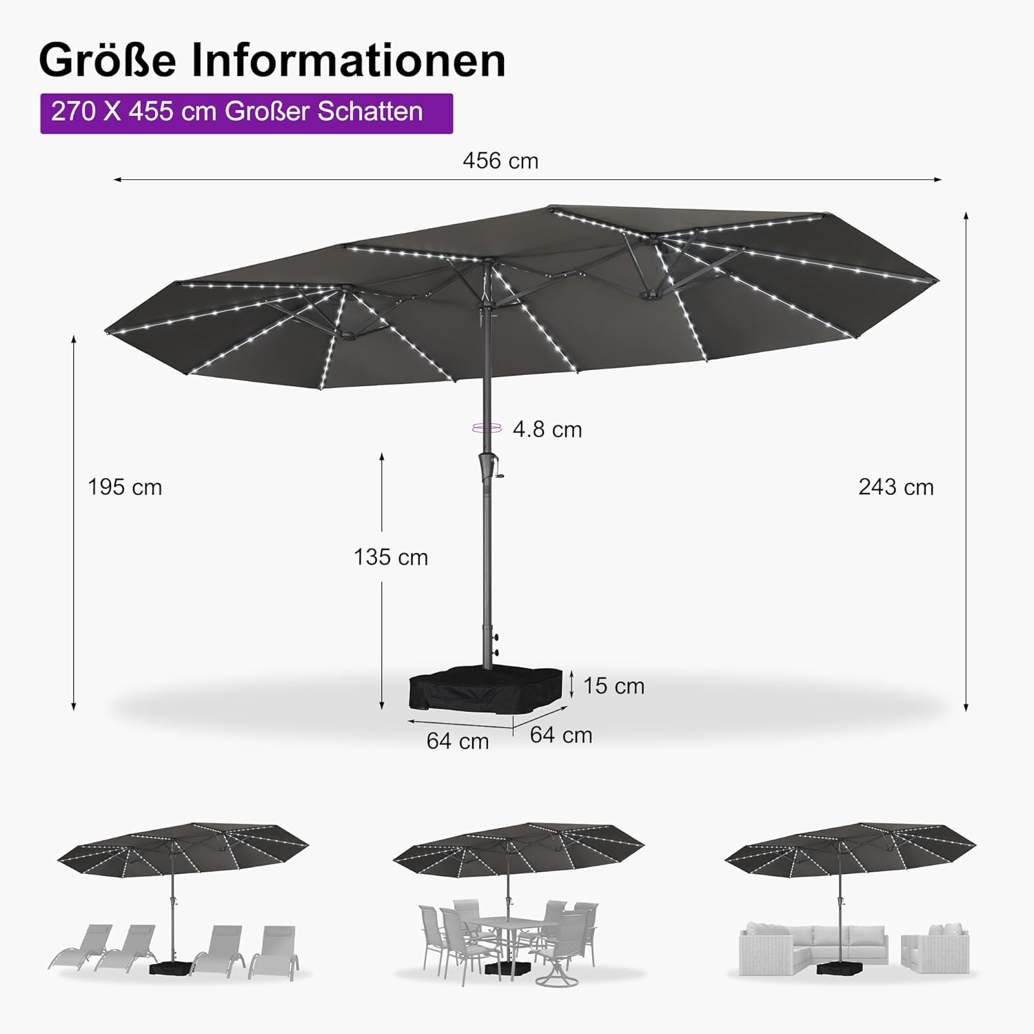 PURPLE LEAF 455 x 270 cm Sonnenschirm mit LED Groß, Doppelsonnenschirm XXL mit Kurbel Rechteckig Terrassenschirm für Balkon, Garten, Gestell Stahl, UV Schutz, Grau