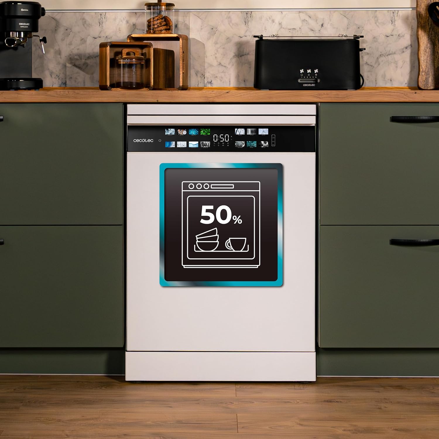 Cecotec Geschirrspüler 60 cm - Freistehend Bolero Aguazero 6700 B. 15 Bestecke, energieeffizient, Inverter Plus Motor, XXL Fullcolor Display, drittes Fach, Turbo Dry+, Dual Zone Wash, WeiÃŸ