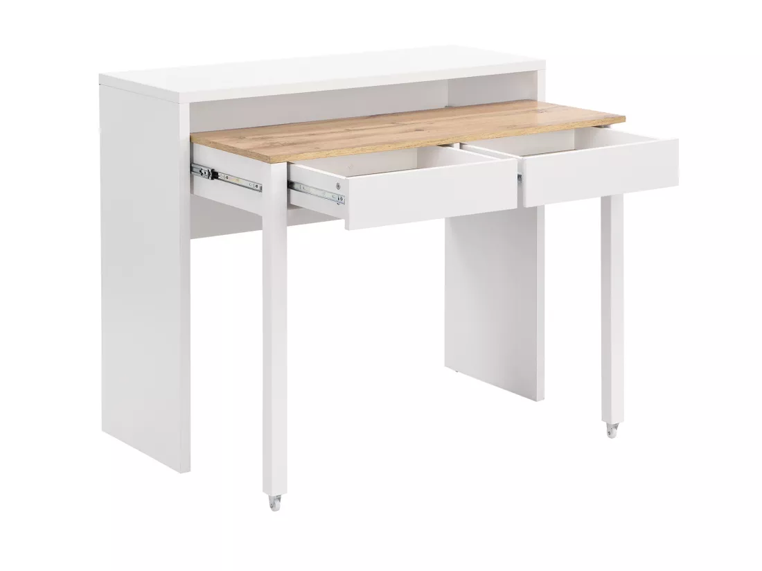 Bureau console extensible avec 2 tiroirs - Blanc et naturel - LOAVIA