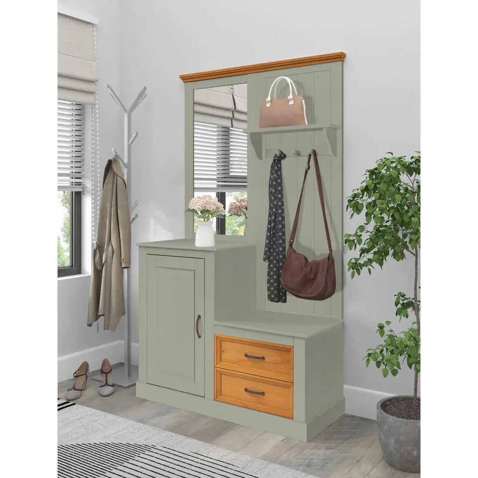 Selma - Garderobe met spiegel en 1 deur 2 lades in groen grenen