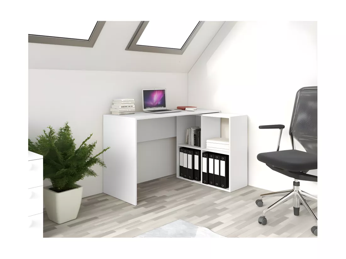 MALOX | Bureau informatique d'angle 2en1 | Bibliothèque Meuble de rangement 4 niches | Table ordinateur multi-rangements