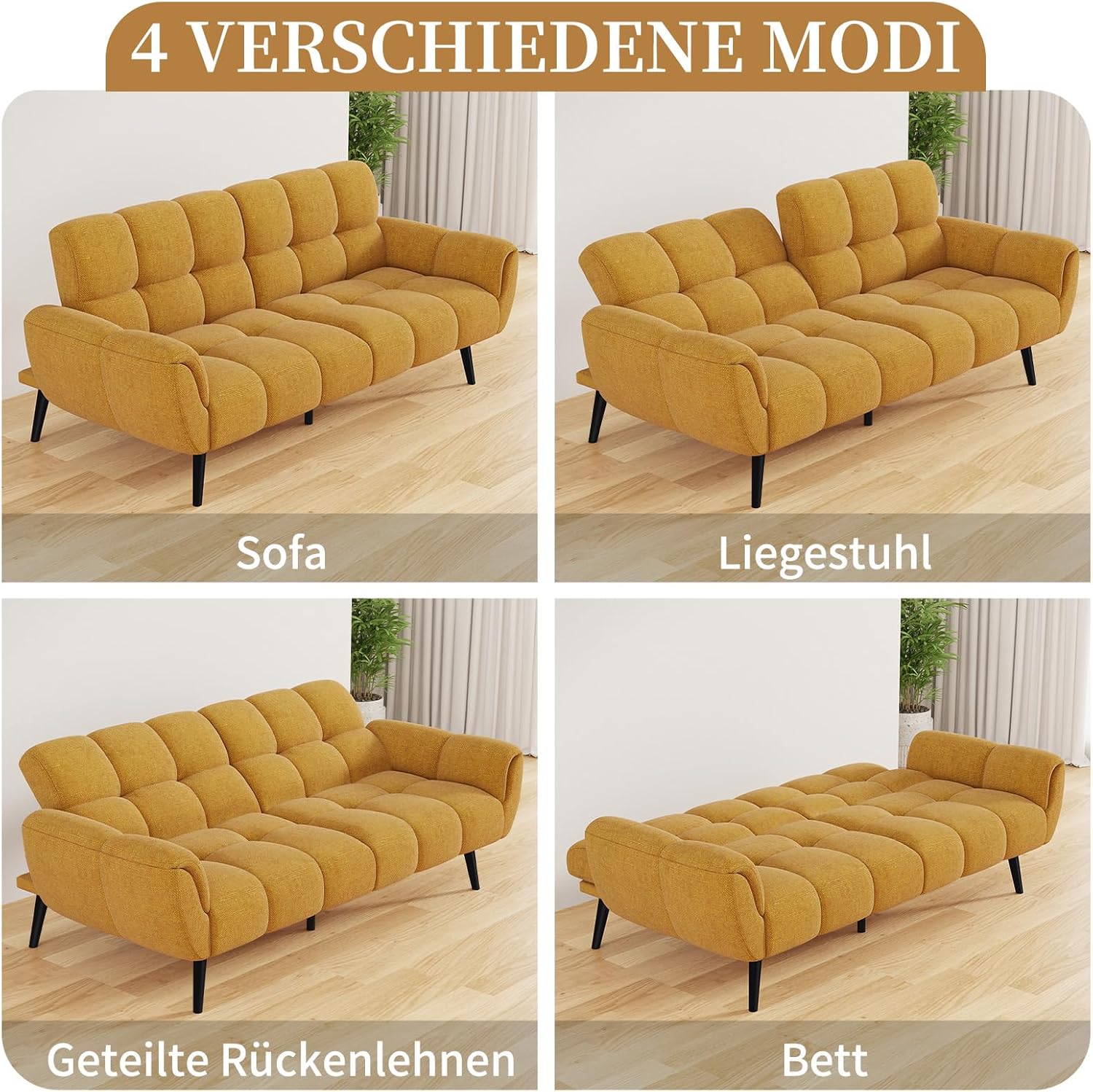Sofa Mit Schlaffunktion, Klappsofa Sofa 3 Sitzer, Schlafsofa 155x85cm, Bequemes Geeignet Für Wohnzimmer, Büro, Lounge, Zimmer, Schlafzimmer (Gelb)
