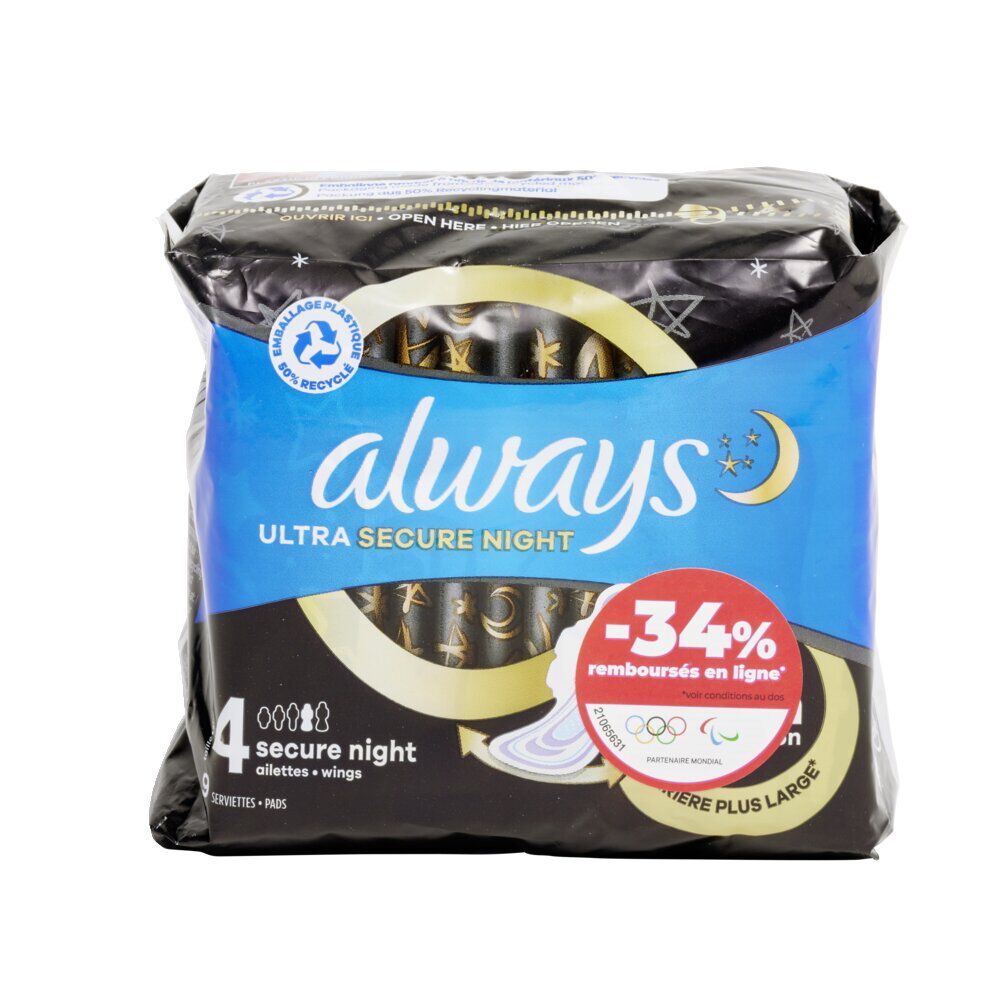 9 Serviettes Hygiéniques avec ailettes Always Ultra secure Nuit - T4