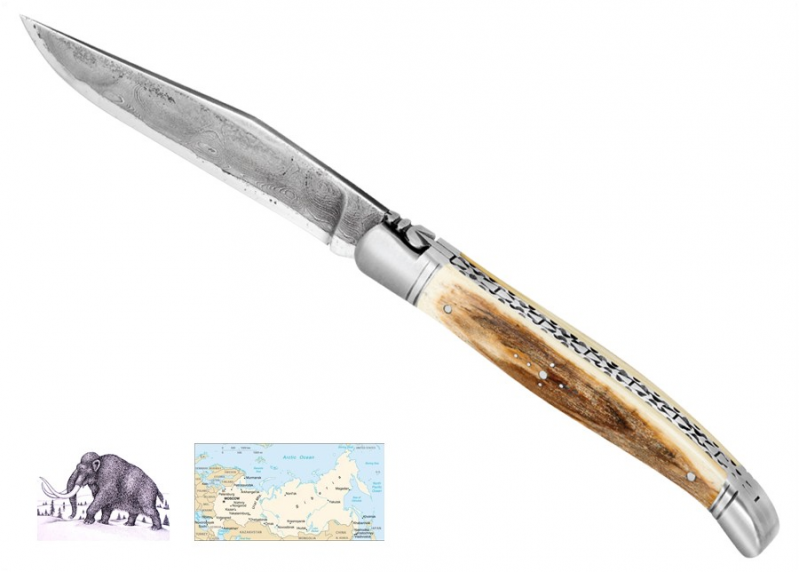 Couteau Laguiole avec une lame Damas et un manche en ivoire de Mammouth