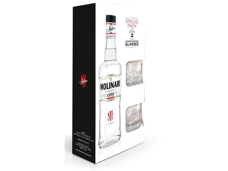 Molinari Geschenkset Sambuca Extra 0.7 l & 2 Gläser Geschenkbox mit Italienischem Sternanis-Likör und zwei Gläsern