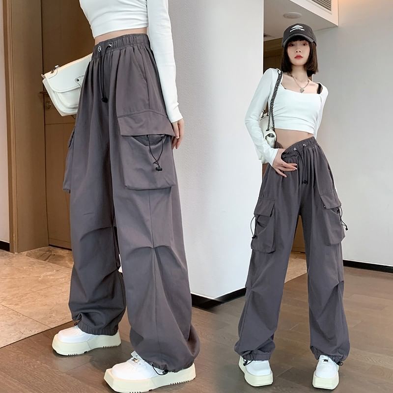 Secolo - Hoge taille, effen, baggy cargobroek met trekkoord