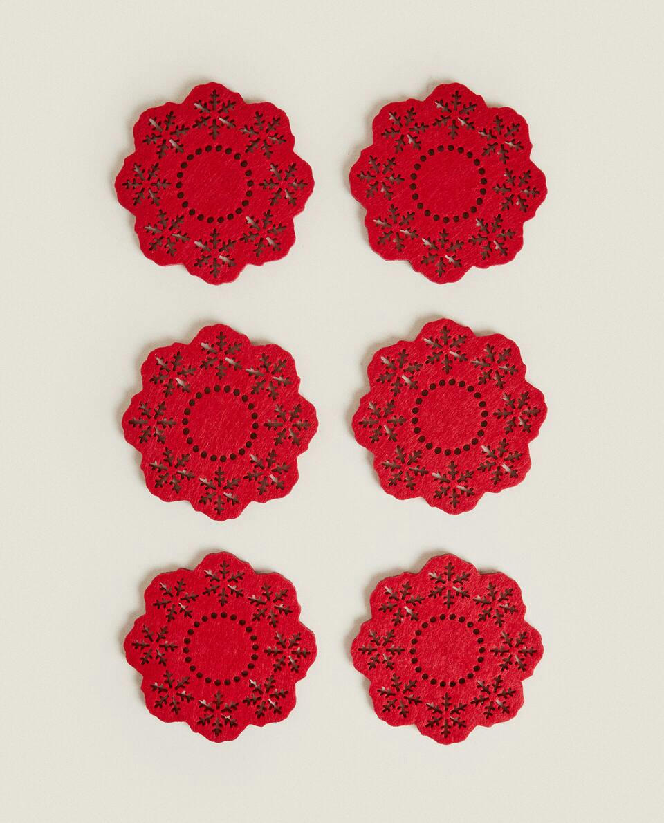 Conjunto de 6 porta-copos de feltro com tema de flocos de neve natalinos