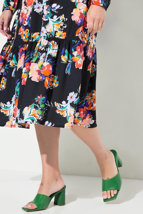 Midikleid, Blüten-Muster, Volant, Langarm