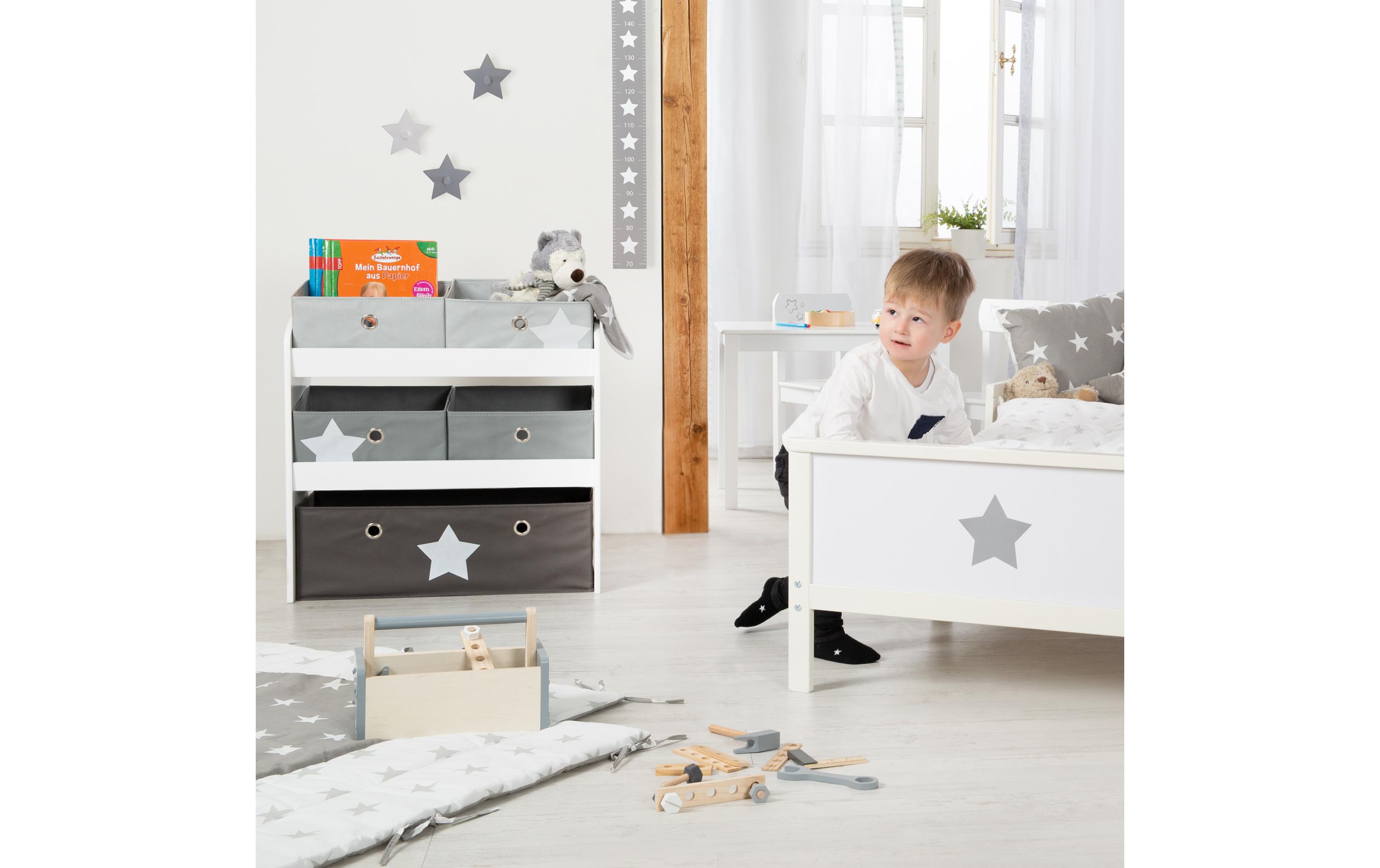 Regal Stars mit 5 Stoffboxen Grau/WeissAufbewahrungsregal für Jungen und Mädchen