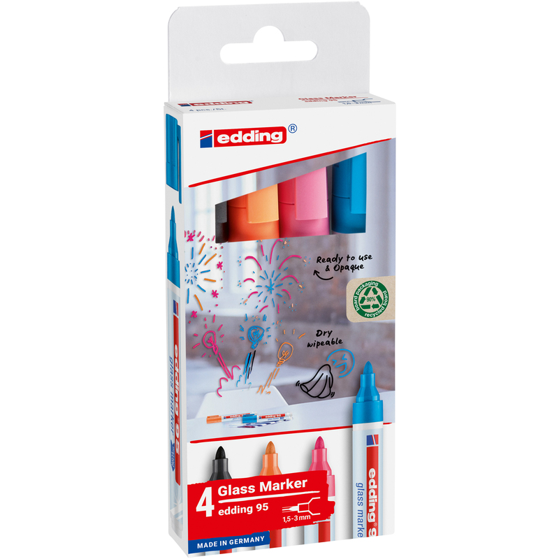 Edding Glasboard Marker 95, 4 Stück, schwarz/hellblau/pink/orange