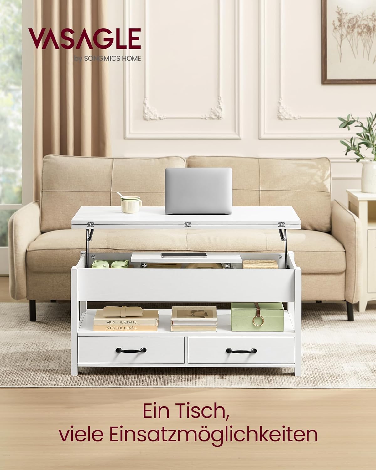 VASAGLE Couchtisch, höhenverstellbarer Wohnzimmertisch, Gaszylinder, 2 Schubladen und 3 Fächer unter der Tischplatte, Kaffeetisch, 1 offenes Fach, für Wohnzimmer, Homeoffice, schneeweiß LCT254W02